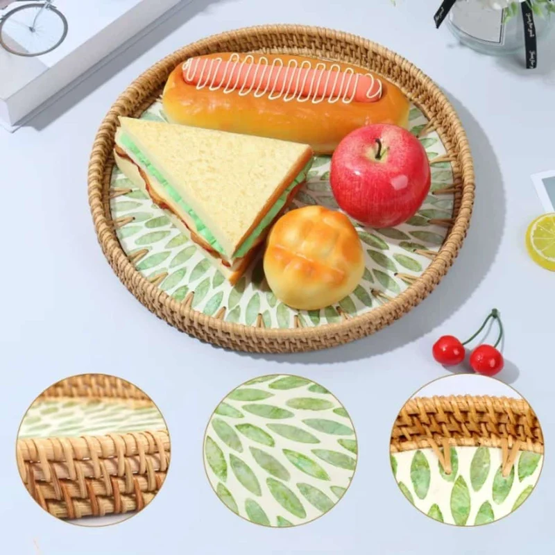 Plateau Rotin Rond à Imprimé de Feuilles