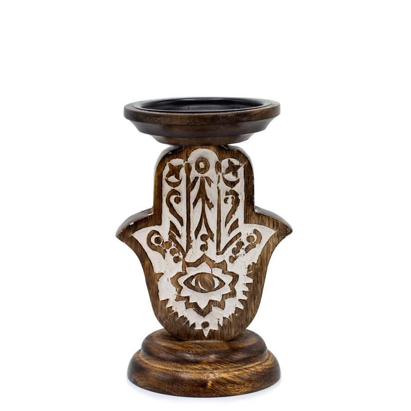 Porte-Bougies en Bois de Manguier - Main de Fatma - 18x11cm