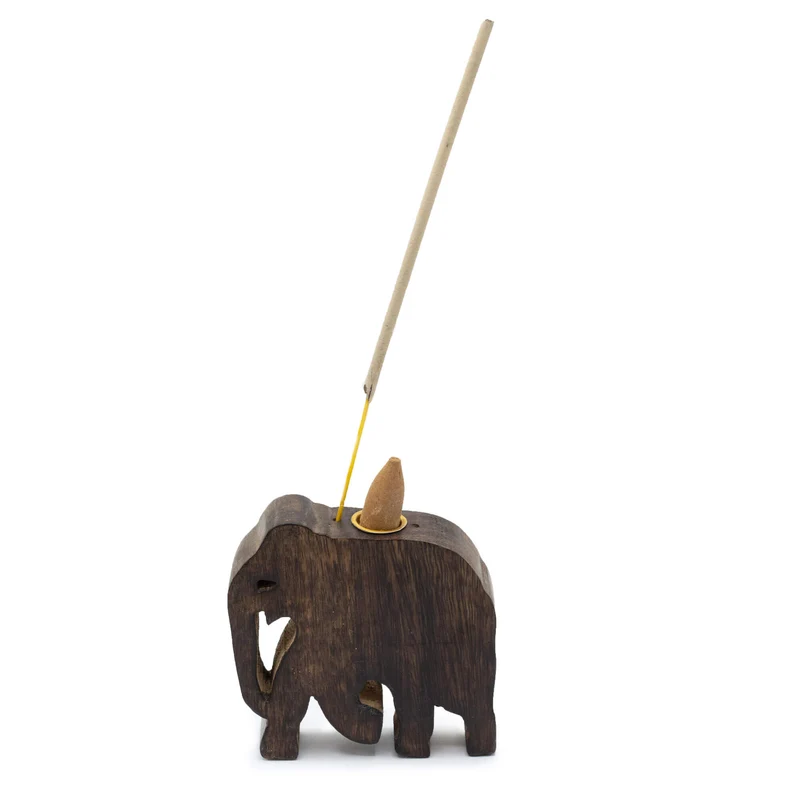 Porte-Cône et Bâton d'Encens Éléphant en bois de manguier