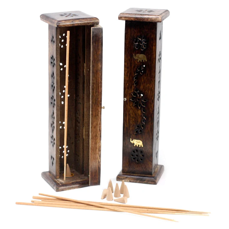 Tour d'encens carrée Bois de manguier - Incrustation en laiton