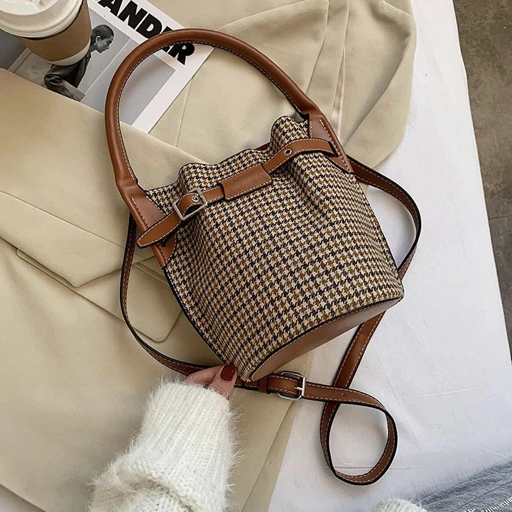 Sac seau tissu pieds-de-poule marron