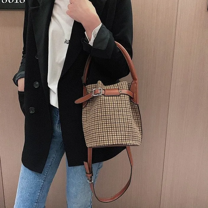 Sac seau tissu pieds-de-poule marron