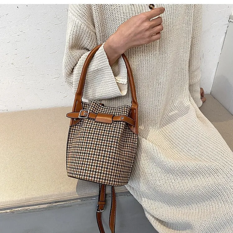 Sac seau tissu pieds-de-poule marron