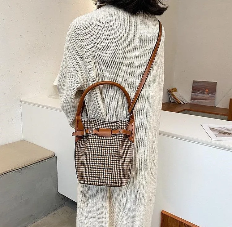 Sac seau tissu pieds-de-poule marron