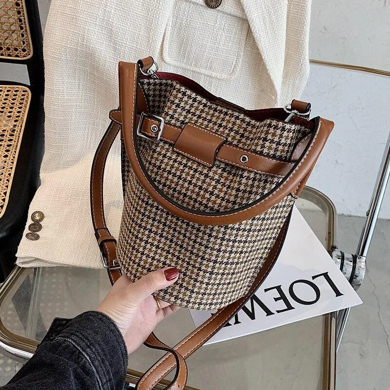 Sac seau tissu pieds-de-poule marron