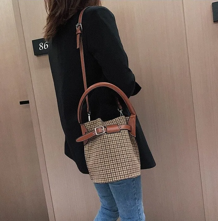 Sac seau tissu pieds-de-poule marron