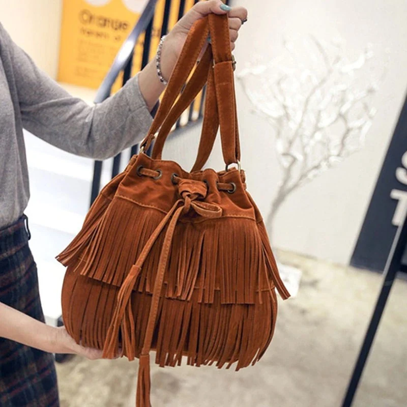 Sac seau à franges camel