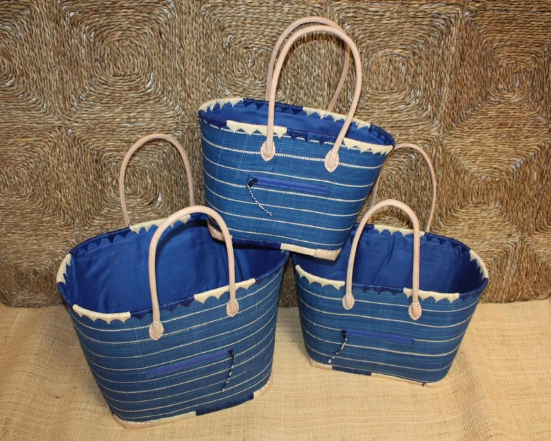 Panier Bleu & Naturel - Doublure tressée Rabane + Poche extérieure - Sac Cabas Anses Longues - 3 TAILLES - Marchés, courses, plage...