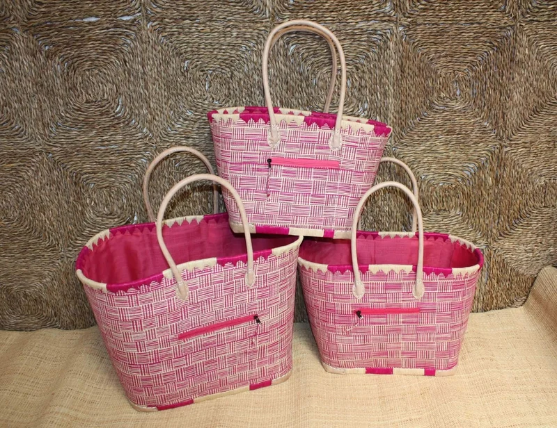 Panier Rose & Naturel tressé - Doublé Rabane + Poche zippée - Sac Cabas Anses Longues Marchés, courses, plage - 3 TAILLES -