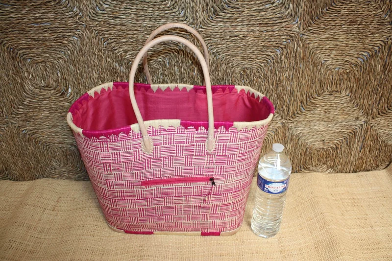 Panier Rose & Naturel tressé - Doublé Rabane + Poche zippée - Sac Cabas Anses Longues Marchés, courses, plage - 3 TAILLES -