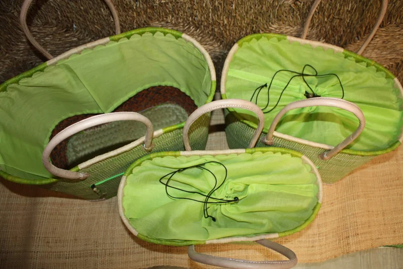Panier VERT tressé - Doublé Rabane + Poche zippée - Sac Cabas Anses Longues Marchés, courses, plage - 3 TAILLES -