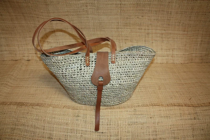 Superbe Panier Anses Longues Cuir Naturel - Sac Paille Plage été Cabas marchés courses