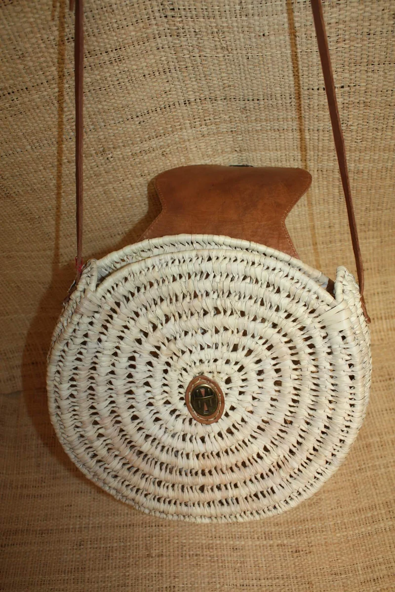 SUPERBE Sac bandoulière valisette osier rond sac femme paille palmier cuir clip