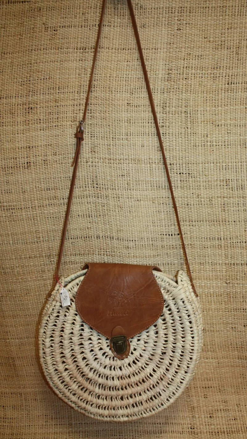 SUPERBE Sac bandoulière valisette osier rond sac femme paille palmier cuir clip