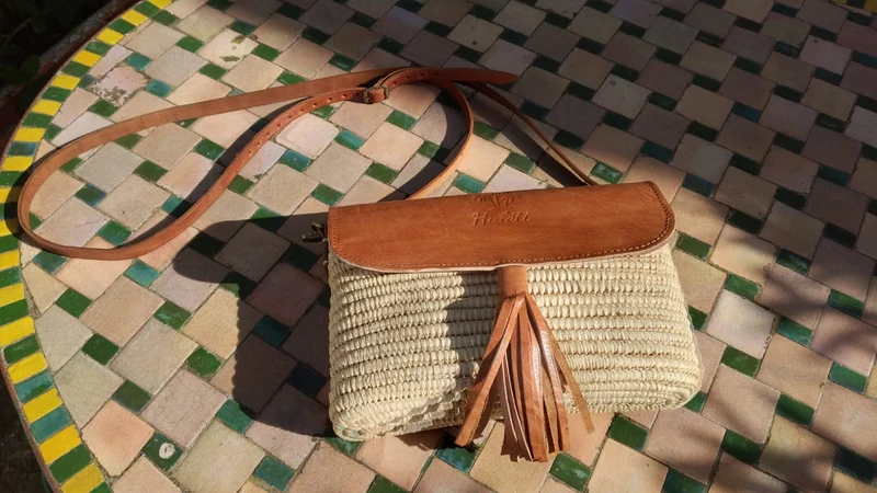 Sac Crochet Raphia & Cuir - Pochette Bandoulière - FABRICATION ARTISANALE UNIQUE -