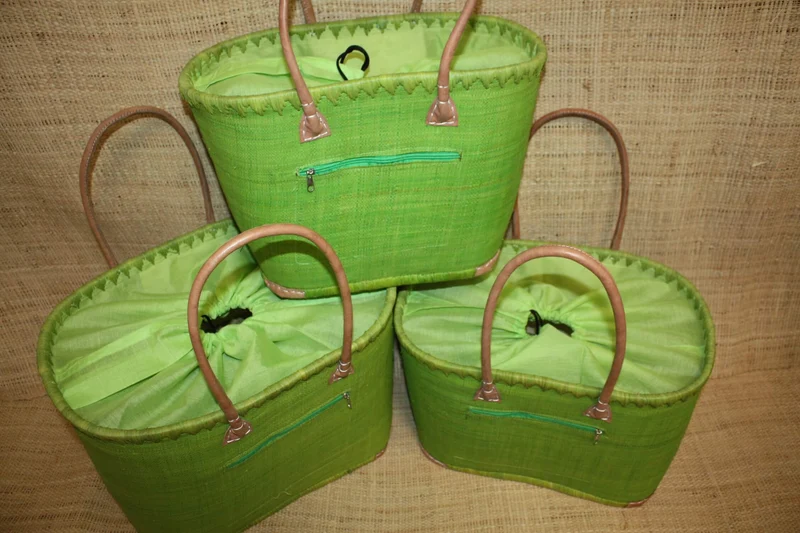 Panier VERT NATUREL - Doublé Rabane + Poche zippée - Sac Cabas Anses Longues - 3 TAILLES - Marchés, courses, plage...