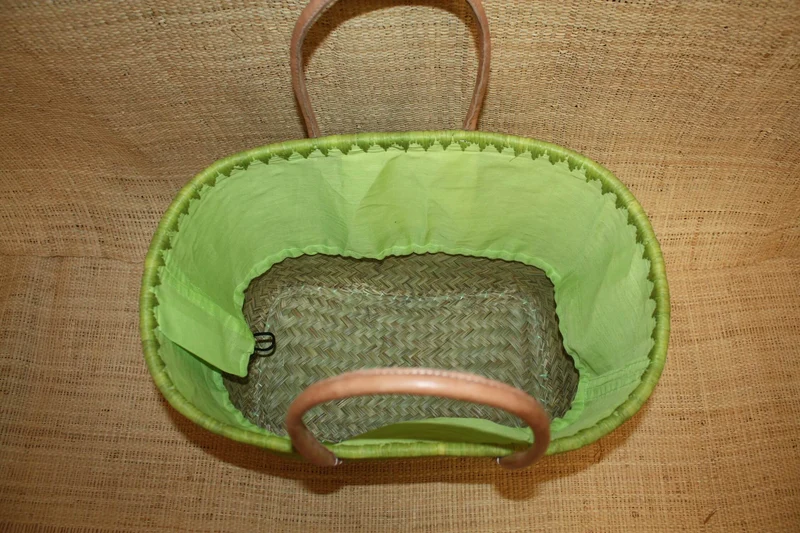 Panier VERT NATUREL - Doublé Rabane + Poche zippée - Sac Cabas Anses Longues - 3 TAILLES - Marchés, courses, plage...