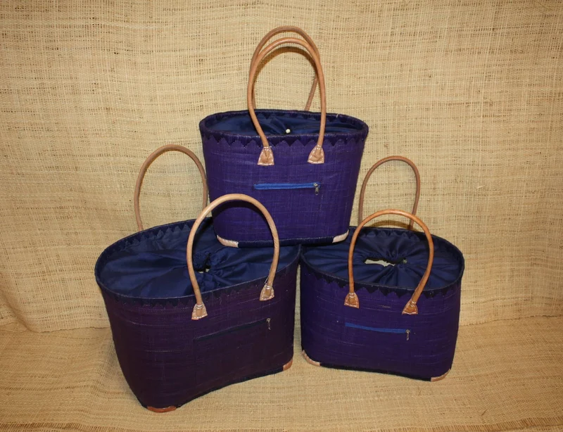 Panier BLEU NUIT Naturel - Doublé Rabane + Poche zippée - Sac Cabas Anses Longues - 3 TAILLES - Marchés, courses, plage...