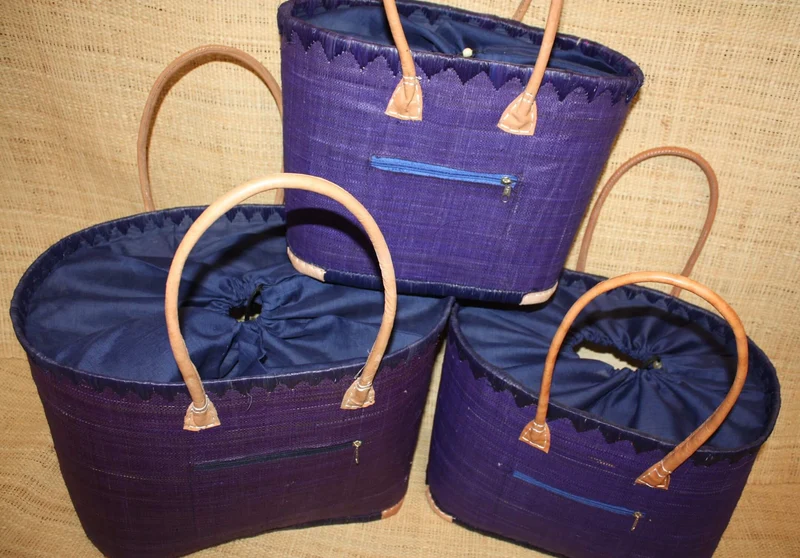 Panier BLEU NUIT Naturel - Doublé Rabane + Poche zippée - Sac Cabas Anses Longues - 3 TAILLES - Marchés, courses, plage...
