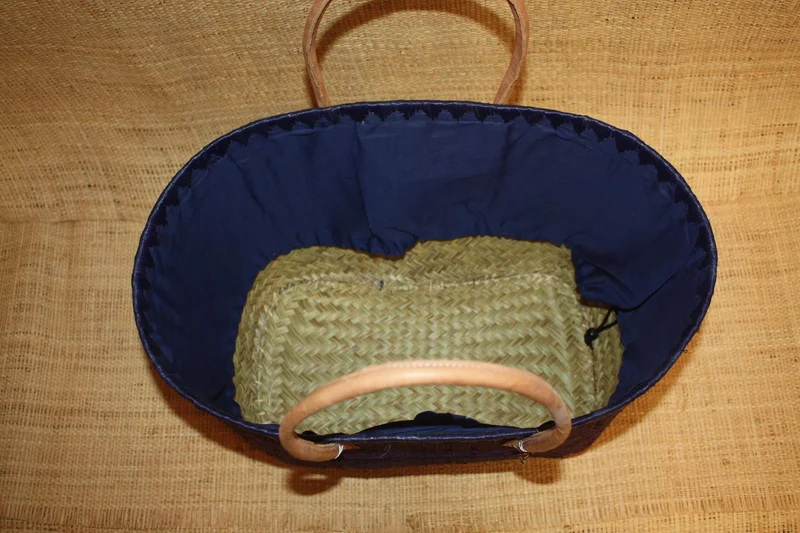 Panier BLEU NUIT Naturel - Doublé Rabane + Poche zippée - Sac Cabas Anses Longues - 3 TAILLES - Marchés, courses, plage...
