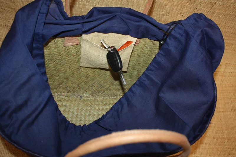 Panier BLEU NUIT Naturel - Doublé Rabane + Poche zippée - Sac Cabas Anses Longues - 3 TAILLES - Marchés, courses, plage...