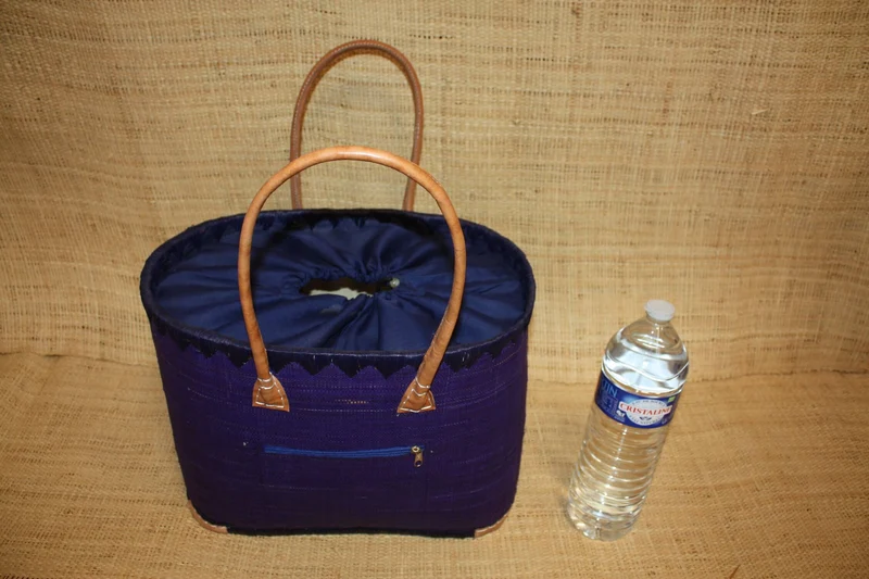 Panier BLEU NUIT Naturel - Doublé Rabane + Poche zippée - Sac Cabas Anses Longues - 3 TAILLES - Marchés, courses, plage...