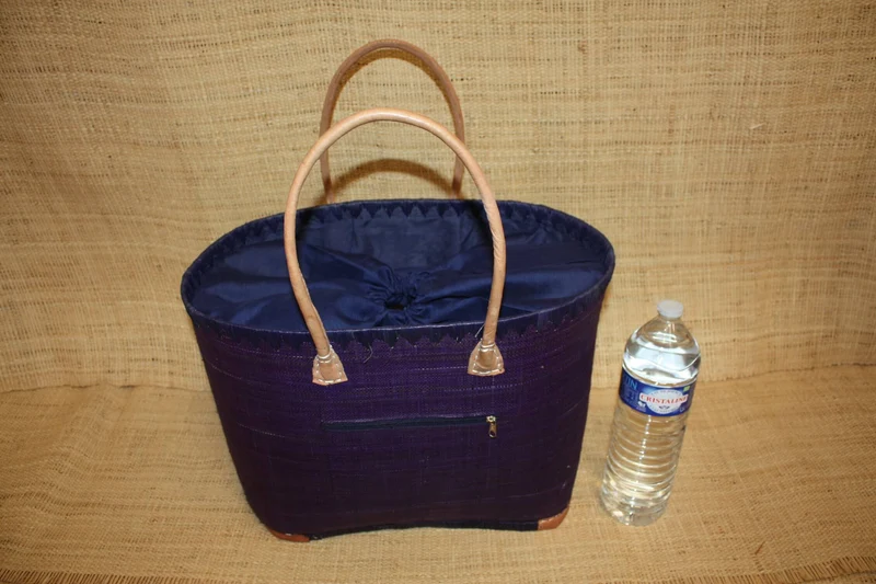 Panier BLEU NUIT Naturel - Doublé Rabane + Poche zippée - Sac Cabas Anses Longues - 3 TAILLES - Marchés, courses, plage...