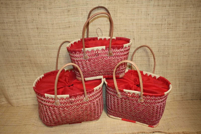 Panier ROUGE - Cabas osier marché Sac paille plage Panier rotin courses - Tissu pochon avec lacet de serrage - 3 TAILLES -