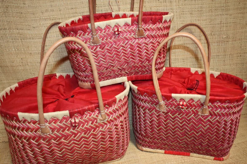 Panier ROUGE - Cabas osier marché Sac paille plage Panier rotin courses - Tissu pochon avec lacet de serrage - 3 TAILLES -