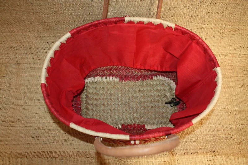 Panier ROUGE - Cabas osier marché Sac paille plage Panier rotin courses - Tissu pochon avec lacet de serrage - 3 TAILLES -