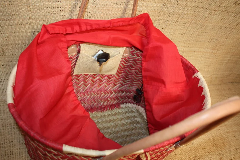 Panier ROUGE - Cabas osier marché Sac paille plage Panier rotin courses - Tissu pochon avec lacet de serrage - 3 TAILLES -