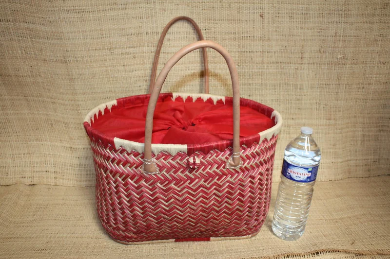 Panier ROUGE - Cabas osier marché Sac paille plage Panier rotin courses - Tissu pochon avec lacet de serrage - 3 TAILLES -