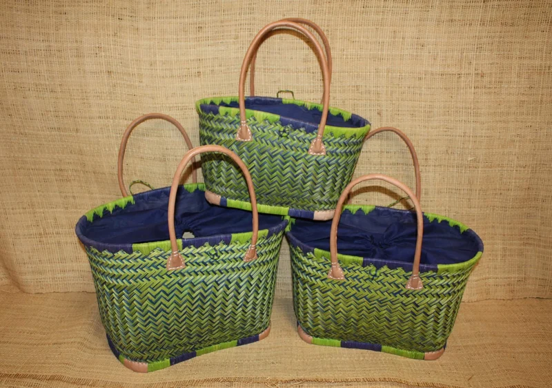 Panier BLEU & VERT - Cabas osier marché Sac paille plage Panier rotin courses - Tissu pochon avec lacet de serrage - 3 TAILLES -