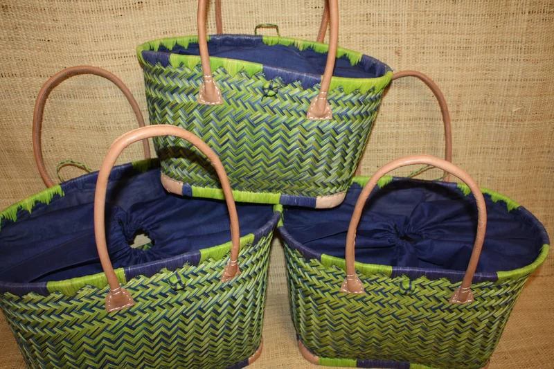 Panier BLEU & VERT - Cabas osier marché Sac paille plage Panier rotin courses - Tissu pochon avec lacet de serrage - 3 TAILLES -