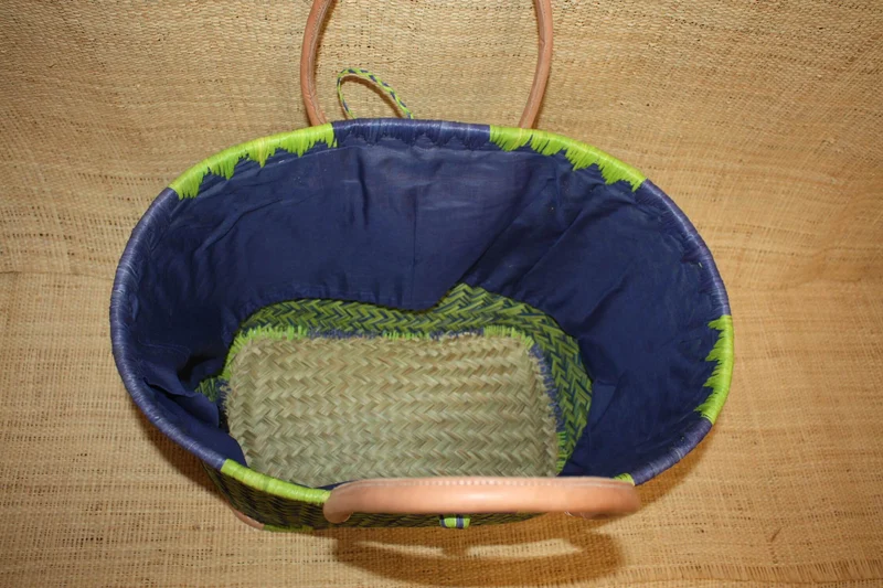 Panier BLEU & VERT - Cabas osier marché Sac paille plage Panier rotin courses - Tissu pochon avec lacet de serrage - 3 TAILLES -