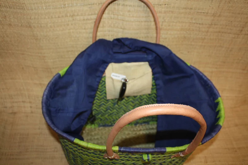 Panier BLEU & VERT - Cabas osier marché Sac paille plage Panier rotin courses - Tissu pochon avec lacet de serrage - 3 TAILLES -