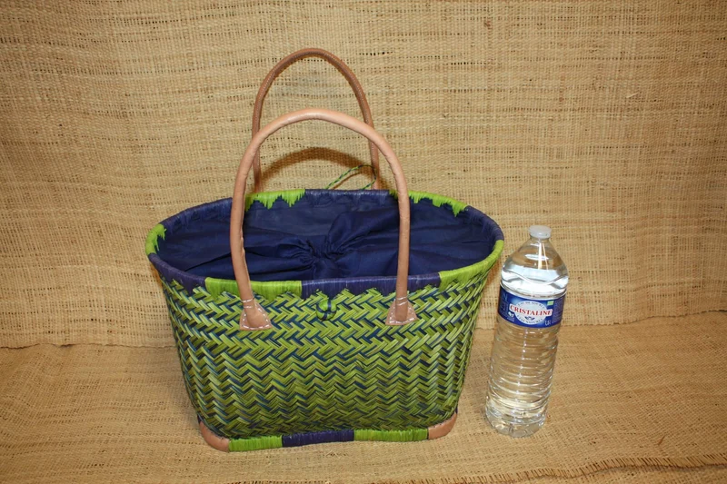 Panier BLEU & VERT - Cabas osier marché Sac paille plage Panier rotin courses - Tissu pochon avec lacet de serrage - 3 TAILLES -