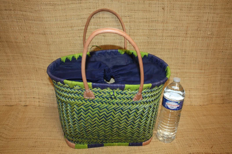 Panier BLEU & VERT - Cabas osier marché Sac paille plage Panier rotin courses - Tissu pochon avec lacet de serrage - 3 TAILLES -