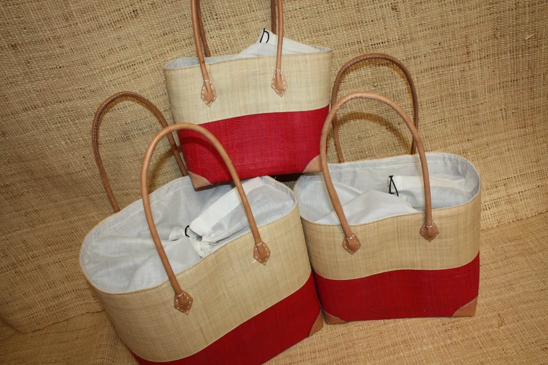 Panier Rouge & Naturel - Pochon Tissu Sac Cabas Léger - 3 TAILLES - Marché, courses, plage...