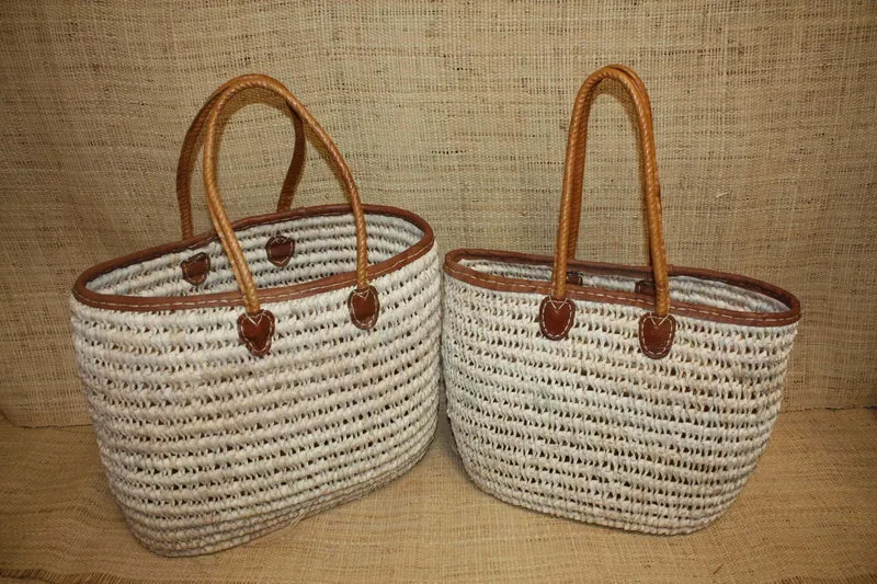 Grand Panier ANSES LONGUES 100% CUIR- Sac paille Plage Cabas osier courses panier rotin marché -