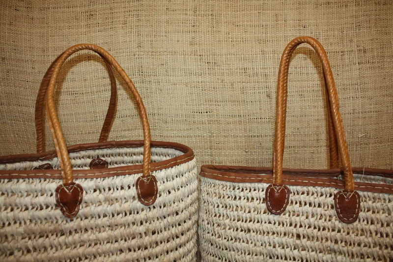 Grand Panier ANSES LONGUES 100% CUIR- Sac paille Plage Cabas osier courses panier rotin marché -