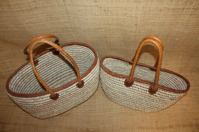 Grand Panier ANSES LONGUES 100% CUIR- Sac paille Plage Cabas osier courses panier rotin marché -