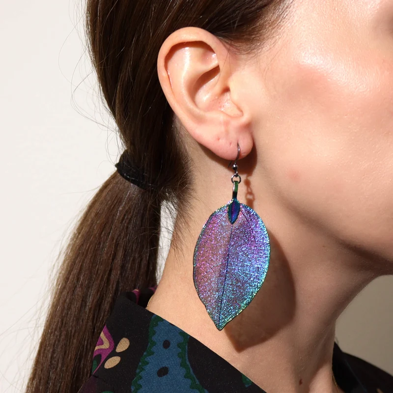 Boucles d'Oreilles en Argent - Feuilles Gouttes - Multicolore Caméléon