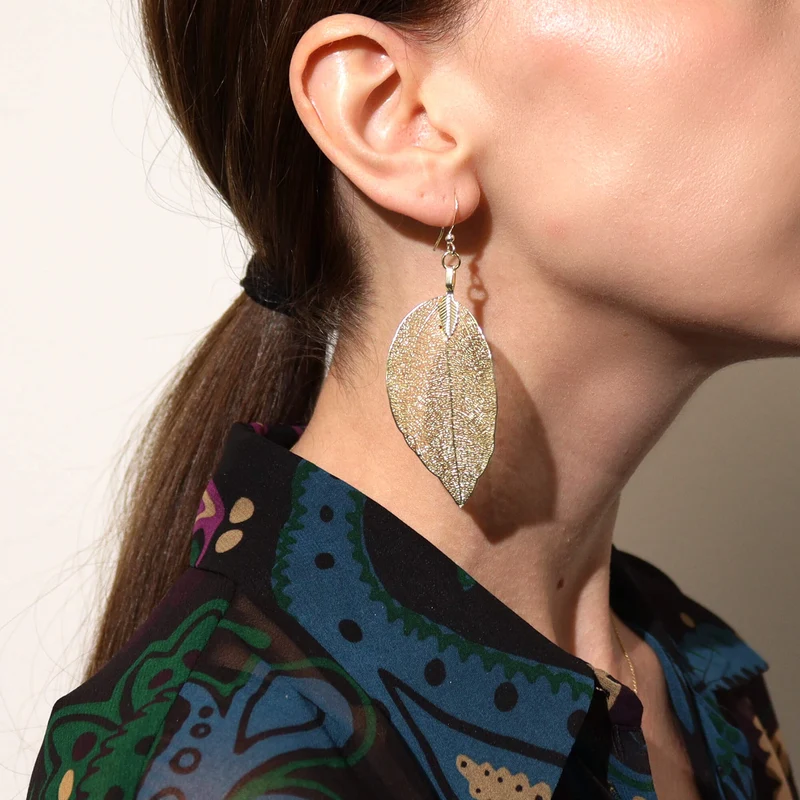 Boucles d'Oreilles en Argent - Feuilles Gouttes - Doré