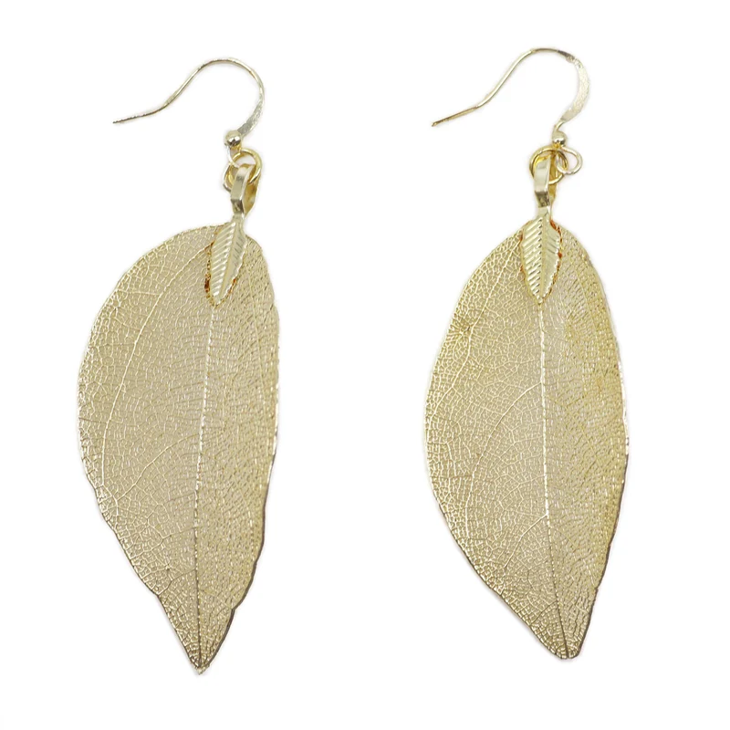 Boucles d'Oreilles en Argent - Feuilles Gouttes - Doré