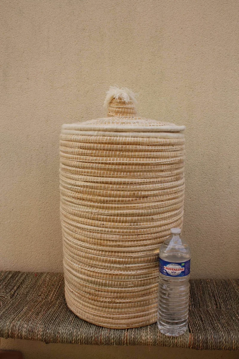 Panière de Rangement Berbère Artisanale en osier rotin et laine - TRESSÉE À LA MAIN