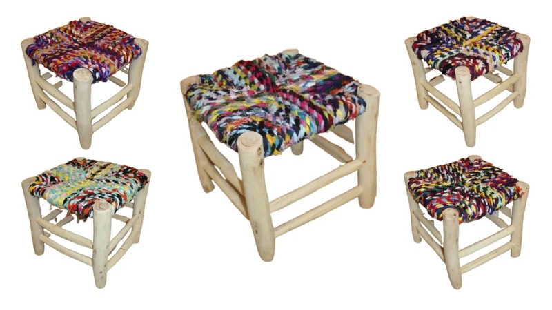 TABOURET MAROCAIN - Bois d'Eucalyptus & Tissu recyclé - Artisanat Naturel - Décoration Durable