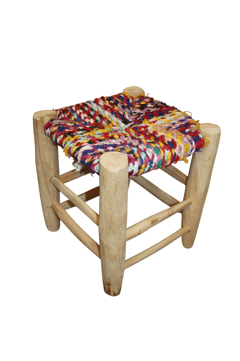 TABOURET MAROCAIN - Bois d'Eucalyptus & Tissu recyclé - Artisanat Naturel - Décoration Durable