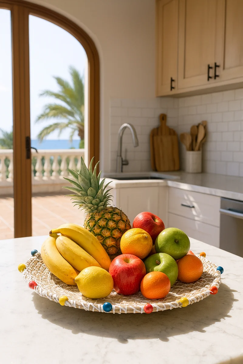 Milos - Panier décoratif en jonc de mer et perles de bois
