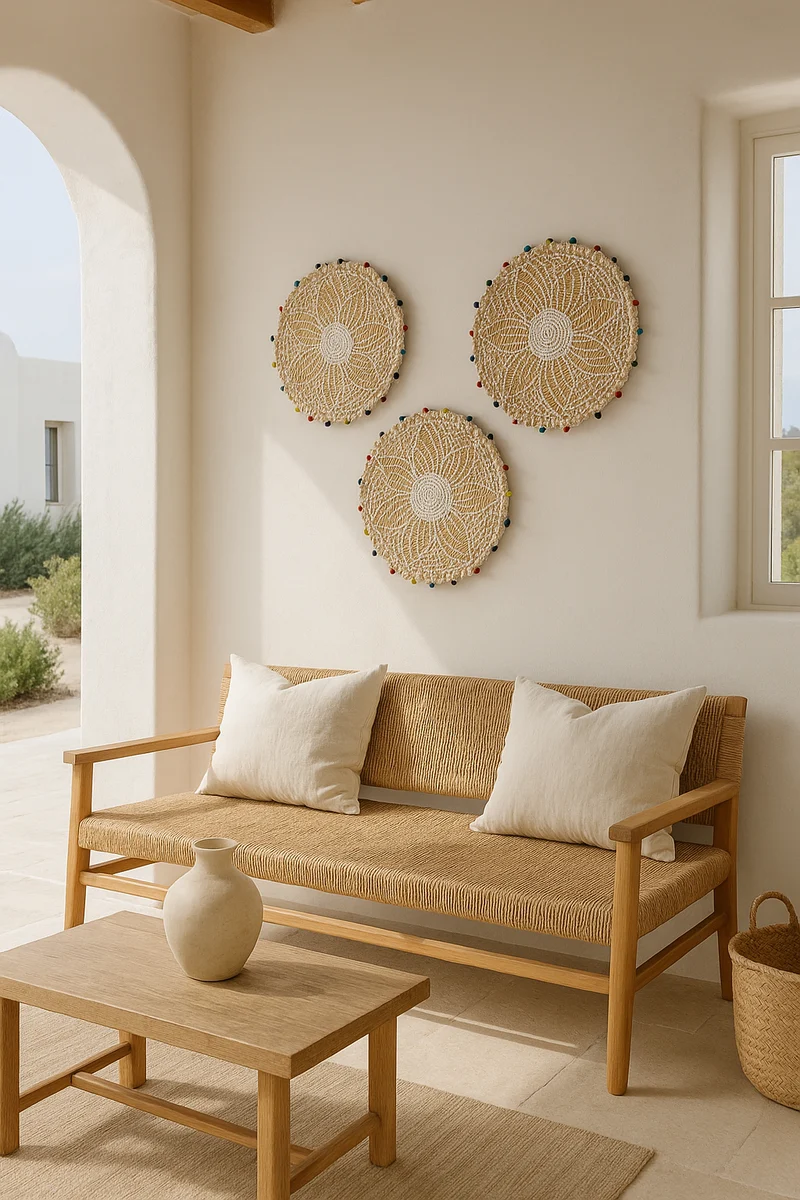 Milos - Panier décoratif en jonc de mer et perles de bois